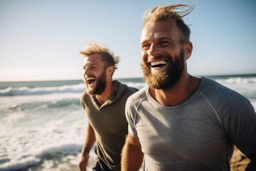 Generative AI portrait of happy person running and enjoying morning jogging intense cardio regime