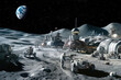 Imaginary lunar base with futuristic architecture, astronauts going about their duties, and vehicles designed for moon terrain
