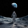 An astronaut stands on the moon's surface, looking at Earth above in the black, starry sky