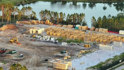 Wall Mural - Aerial view of unfinished frames of apartment buildings ready for mounting wooden roof beams under construction. Development of residential housing in american suburbs. Real estate market in the USA