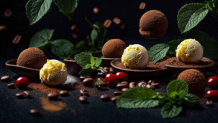 Wall Mural - chocolate ice cream with mint, coffee on a dark background