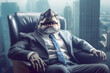 © ChaoticDesignStudio - Shark in a business suit sitting in a luxurious armchair against a backdrop of towering skyscrapers, like a successful businessman or politician