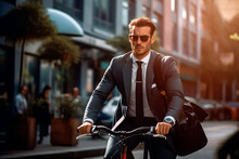 Young stylish businessman going to work by bike.