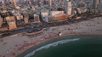 Wall Mural - Tel Aviv sunset beach promenade aerial drone view, summer Israel