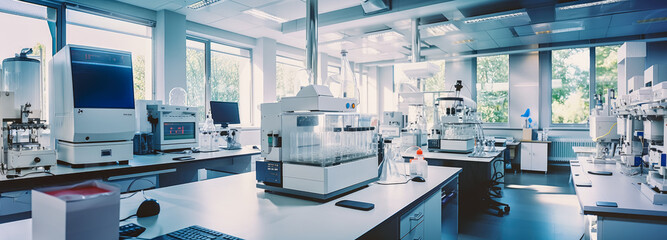 modern science laboratory with cabinets, research desks, computers and other analytic equipment. gen