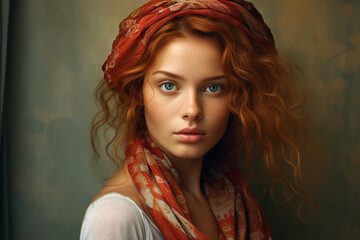 Wall Mural - Beautiful young redhead woman with headscarf vintage style AI generated photo