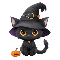 Wall Mural - cute black cat in witch hat and pumpkin graphics for halloween on white background