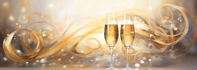 New Years Eve celebration background, champagne and clock