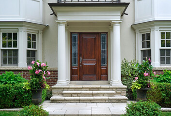 Poster - Elegant wood grain front door of home with portico entrance surrounded by flowers and shrubs