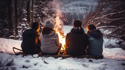 Friends Huddled Around a Bonfire Sharing Stories in winter