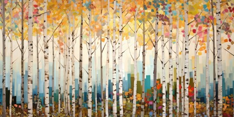 Abstract colorful geometric illustration of birch trees, birch tree forest, horizontal or landscape aspect ratio. Generative AI.
