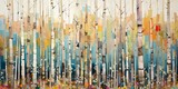 Abstract colorful geometric illustration of birch trees, birch tree forest, horizontal or landscape aspect ratio. Generative AI.
