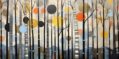 Abstract colorful geometric illustration of birch trees, birch tree forest, horizontal or landscape aspect ratio. Generative AI.
