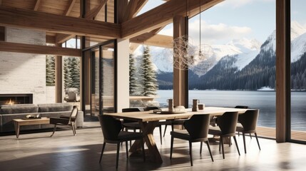 Wall Mural - luxury modern open plan dining room with rich natural light wooden beams and minimalist features