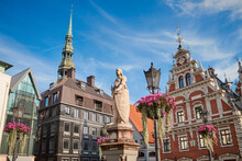 Town Hall Square In Downtown Of Old  Riga City, Latvia.