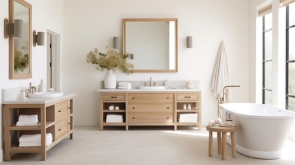 Modern farhmouse decor bathroom with wood accents and pale colors