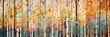© Carl & Heidi - Abstract colorful geometric illustration of birch trees, birch tree forest, panoramic or landscape aspect ratio. Generative AI.