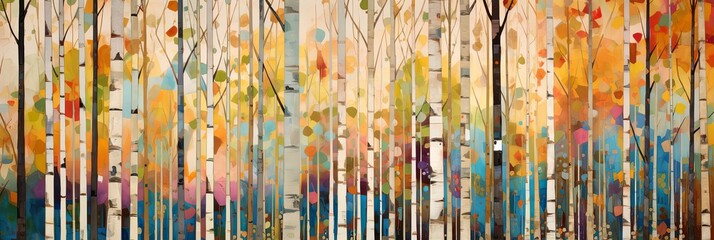 Abstract colorful geometric illustration of birch trees, birch tree forest, panoramic or landscape aspect ratio. Generative AI.
