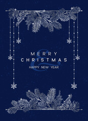 Wall Mural - vector vertical card of christmas background with branches of christmas tree and silver elements.