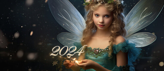 Wall Mural - Beautiful young fairy with magic wand wishes happy new year 2024