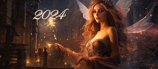 Wall Mural - Beautiful young fairy with magic wand wishes happy new year 2024