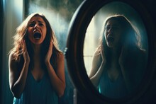 Depression, Nervous Breakdown In Woman. Women Stand Near Mirror And Shout. Depressive State Of Consciousness.