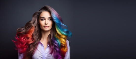 Wall Mural - Portrait of a young woman with multi-colored hair in the colors of the LGBT flag looks at the camera. Dark background. Banner. Place for text.