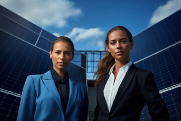 Wall Mural - Alternative sources of electricity, solar panels dot two women looking at the camera against the background of solar panels and blue sky