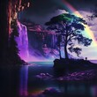 Fantasy world high cliffs waterfall rainbow light rain Lake huge mystical trees purple glow 