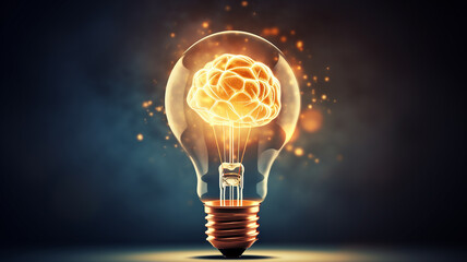 Wall Mural - light lamp and human brain on dark background, idea innovation