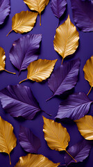 Wall Mural - Metallic autumn leaves. Purple and yellow decorative background. Flat lay.