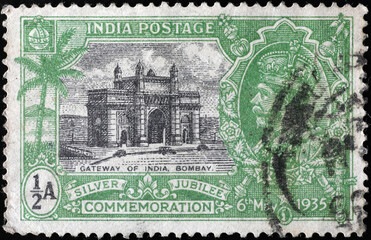 Poster - Gateway of India in Bombay on ancient postage stamp