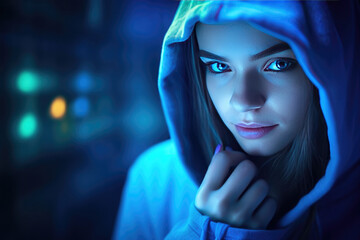 Wall Mural - A woman in a blue hoodie against a neon light background