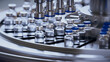 3d render, conveyor with the glass jars, modern pharmaceutical factory. Closeup of ampules are being filled with vaccine and closed with blue caps. Medical wallpaper