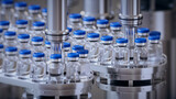 Fototapeta  - 3d render, conveyor with the glass jars, modern pharmaceutical factory. Closeup of ampules are being filled with vaccine and closed with blue caps. Medical wallpaper