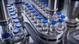 Fototapeta Góry - 3d render, conveyor with the glass jars, modern pharmaceutical factory. Closeup of ampules are being filled with vaccine and closed with blue caps. Medical wallpaper