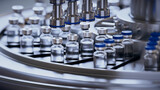 Fototapeta Perspektywa 3d - 3d render, conveyor with the glass jars, modern pharmaceutical factory. Closeup of ampules are being filled with vaccine and closed with blue caps. Medical wallpaper