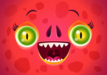 Vector Cute Face Of A Red Monster For Halloween Mask. Kawaii Face Of Dragon With Green Eyes For Halloween Costume. Funny Troll Face.
