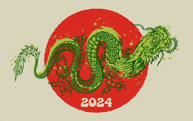 Wall Mural - Vector illustration of a green Chinese dragon. Tattoo of green dragon in asian style. Chinese new year 2024.