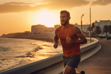 Man running on the beach at sunset