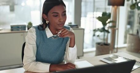 Aufkleber - Thinking, typing and a woman with a laptop at work for an email, planning, or reading inspiration. Idea, business and a young corporate employee with a computer for information, contact or networking