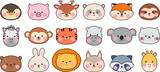 Fototapeta Pokój dzieciecy - Kawaii faces animal avatars. Cute animals icons, zoo asian style cartoon characters. Funny chinese or korean stickers nowaday vector set