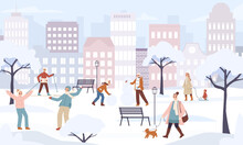 Active People In Winter Park. Teenager Crowd Walking, Playing Snowball. Family Activity In Snowy Frozen Day In City, Sledding And Skiing. Snugly Vector Scene