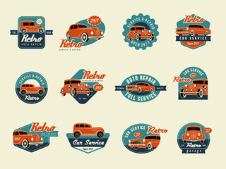 Wall Mural - car labels. retro classic badges for repair car service recent vector template isolated