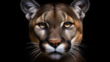 Close up portrait of a Puma. Cougar, mountain lion head on black background