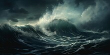 Dramatic Breaking Crashing Wave In The Ocean, Large With Ominous Cloudy Sky, White Crested. Generative AI. 


