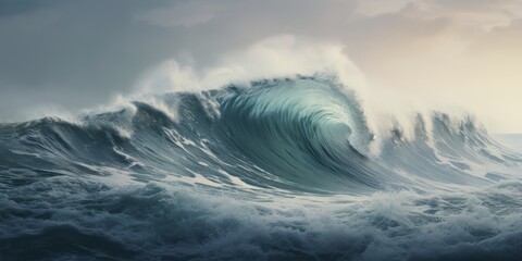 Wall Mural - Dramatic breaking crashing wave in the ocean, large with ominous cloudy sky, white crested. Generative AI. 

