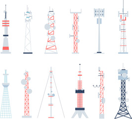 Wireless towers, construction radio telephone tower with antenna. Telecoms communications equipment, 4g radar. Flat 5g station recent vector set