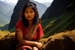 Nepalese woman sitting in mountainous terrain, Generative AI