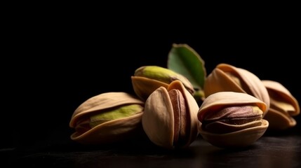 Pistachios on the black background. Pile of pistachio nuts, closeup.